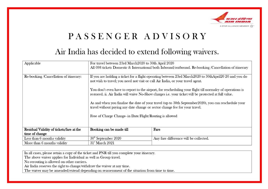 Air India Extend Waivers of Cancellation & Rescheduling Fee