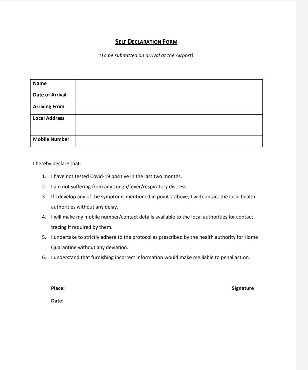 Self-Declaration Form For Domestic Air Travellers