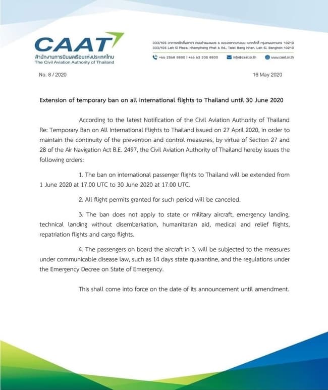 Civil Aviation Authority of Thailand on Inbound Flight Ban