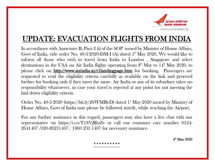 Air India Opens Bookings for Evacuation Flights From India