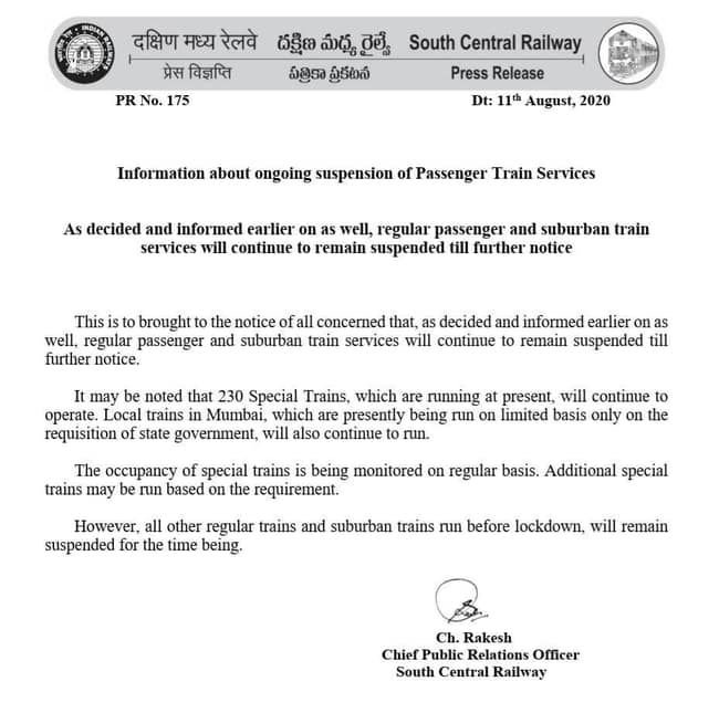 Regular train services to remain suspended 'till further notice': Indian Railways
