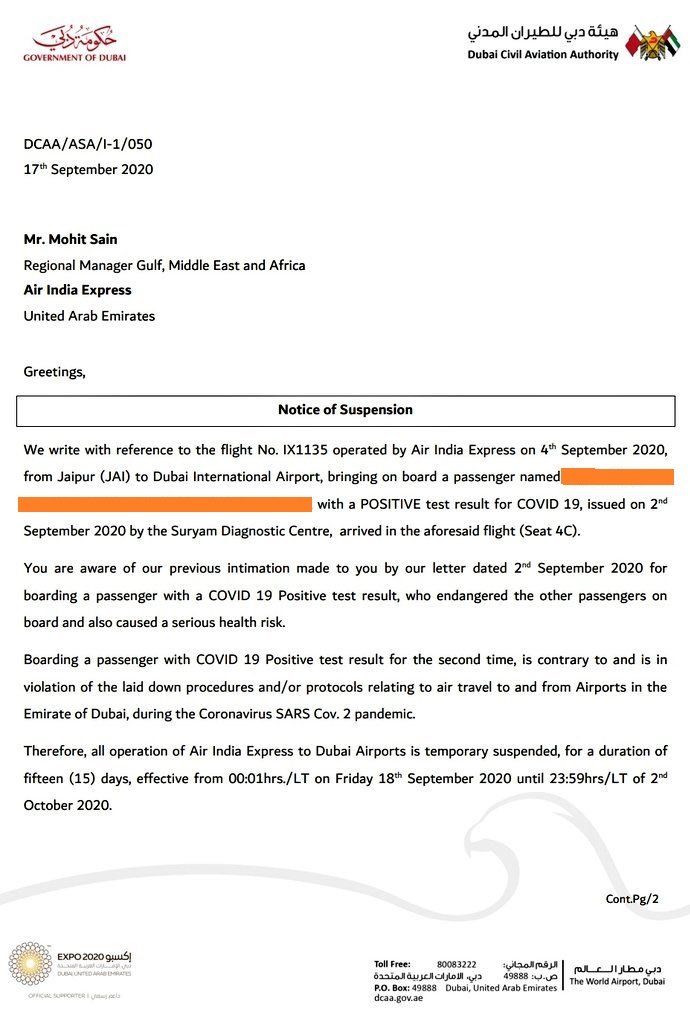Air India Express Flight Suspension Notice Dubai