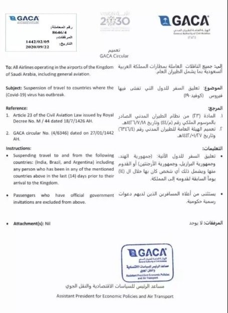 Saudi Arabia Flight Suspension Notice To Airlines