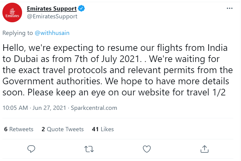 Emirate's Tweet On Flights From India