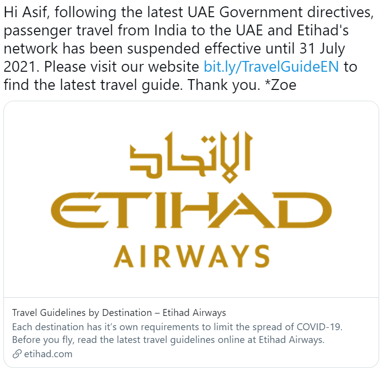 Etihad's tweet on extension on flight suspension
