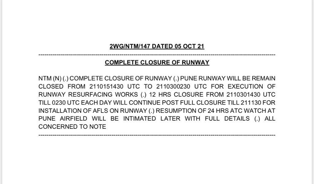 Pune Airport - Complete Clouser of Runway