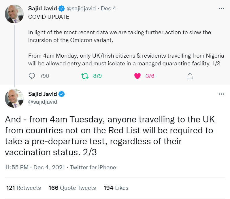 UK Health Secretary Sajid Javid's Tweet on New Travel Requirements