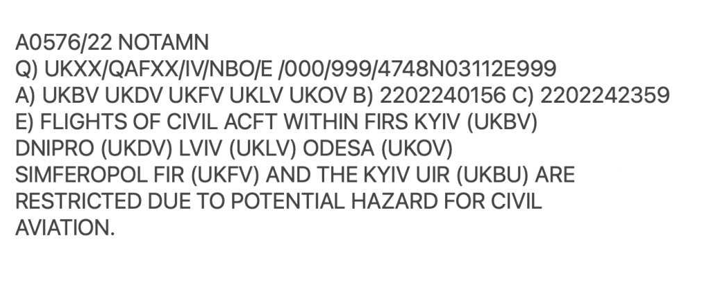 NOTAM, flights by civil aircraft are now restricted inside Ukraine