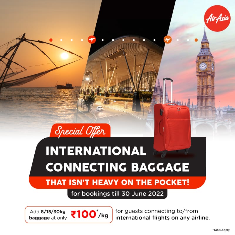 AirAsia India 50% off International Connecting Baggage fees