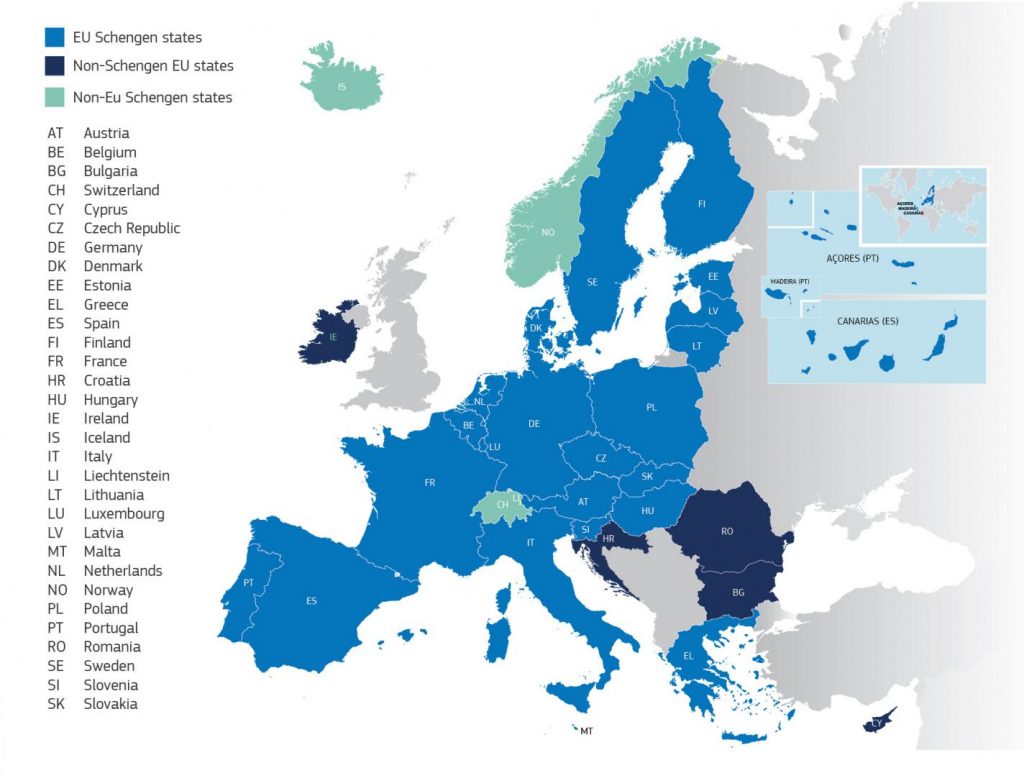 Map of the Schengen area and the Schengen States