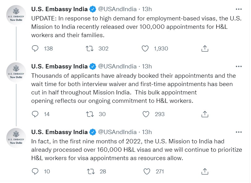 US Embassy Releases Over 1 Lakh Work-Based H&L Visa Appointments