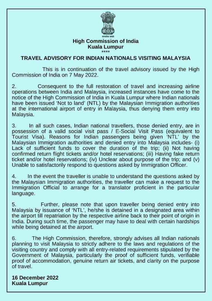 Travel Advisory For Indian Nationals Visiting Malaysia