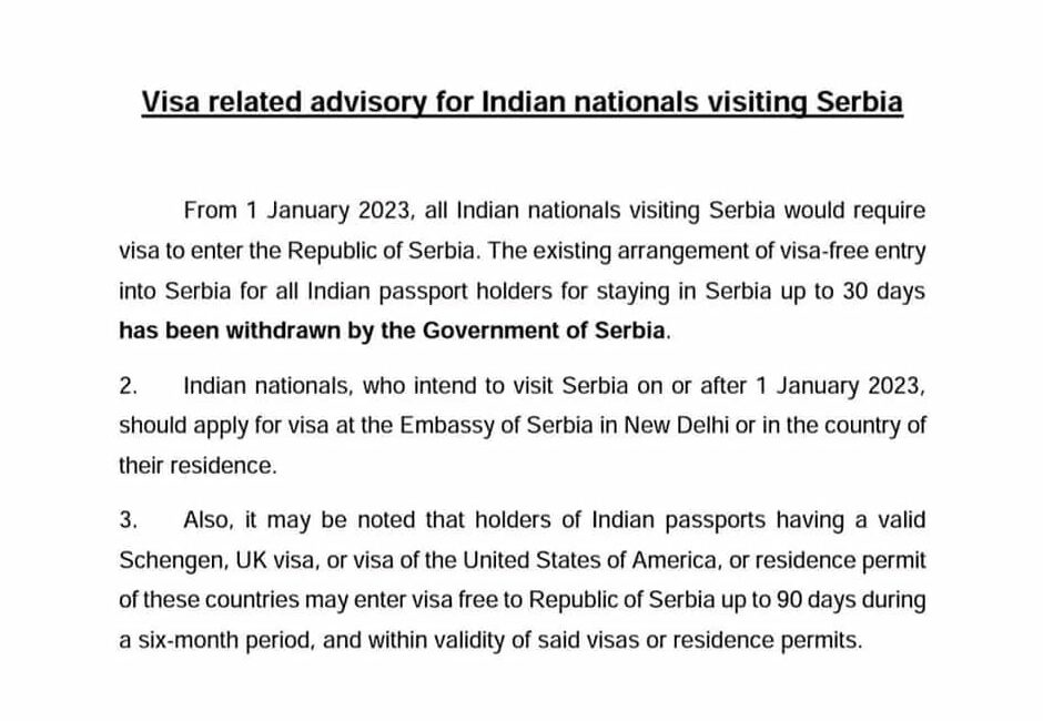 Visa related advisory for Indian nationals visiting Serbia