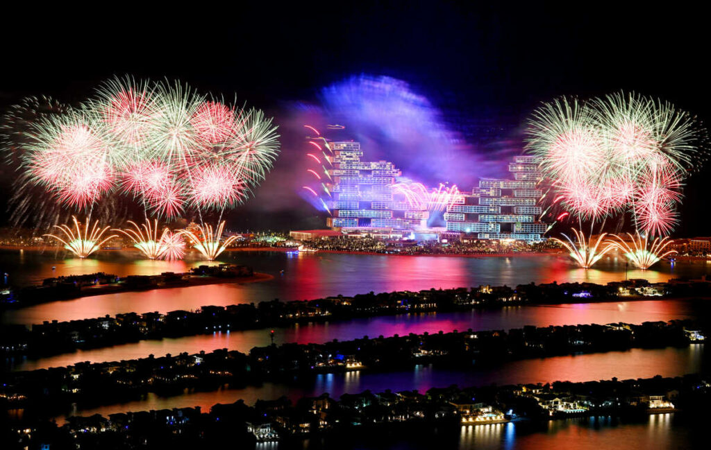 A general view of fireworks during the Grand Reveal Weekend for Atlantis The Royal, Dubai's new ultra-luxury hotel