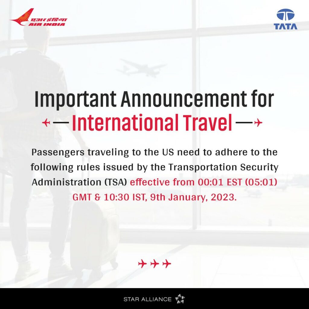 Air India Advisory For All Passengers Traveling to the US