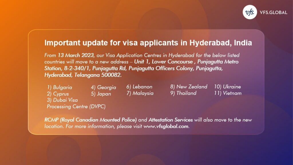 VFS Global Relocation of Visa Application Centres in Hyderabad