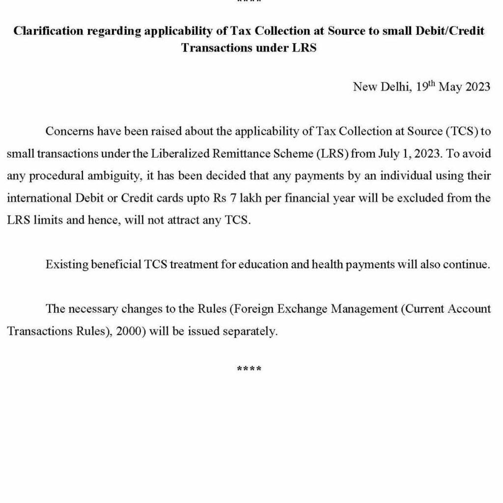 Clarification regarding applicability of Tax Collection at Source to small Debit/Credit Transactions under LRS