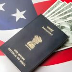 Indian Passport, US Flag and Currency