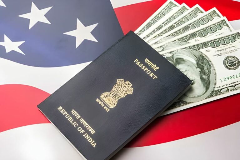 Indian Passport, US Flag and Currency