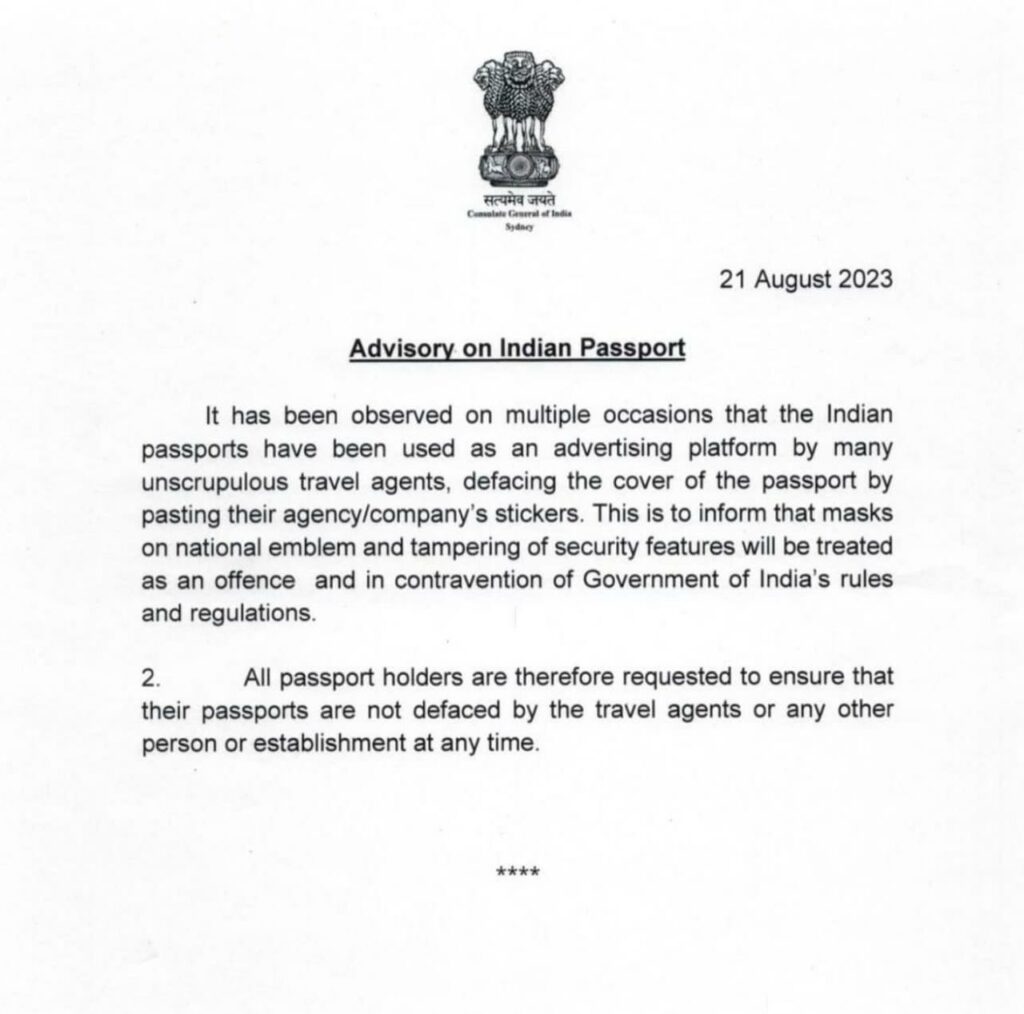 Advisory Against Passport Defacement by Travel Agents
