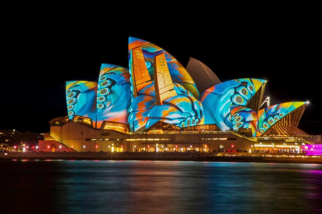 Colourful Opera House during night-time in Sydney, Australia