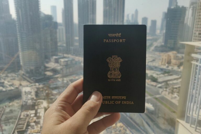 Indian Passport and Skyscrapers in Background