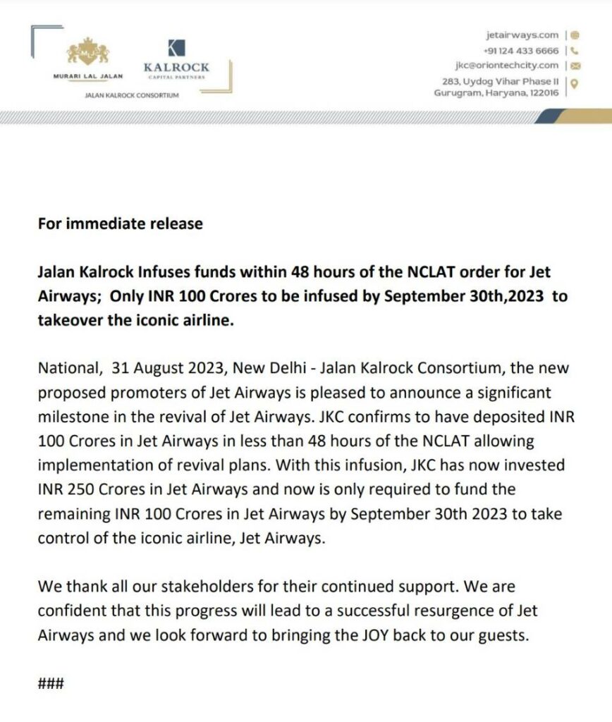 Jalan Kalrock Consortium deposits 100 crore