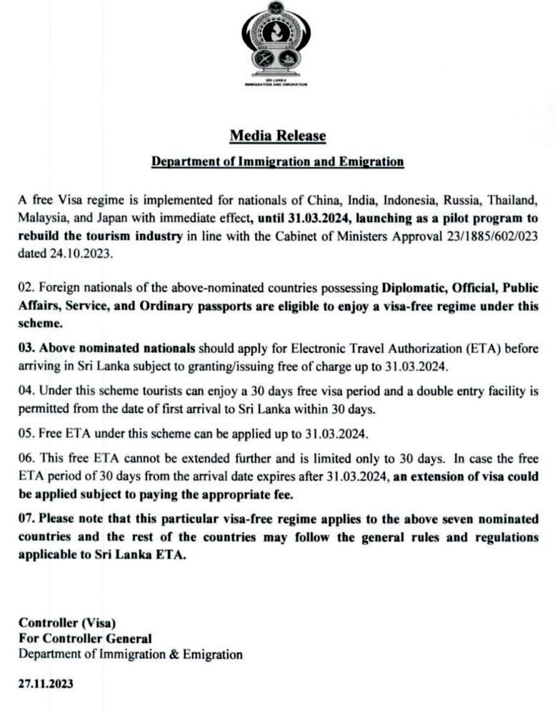 Sri Lanka Implements Free Visa Regime